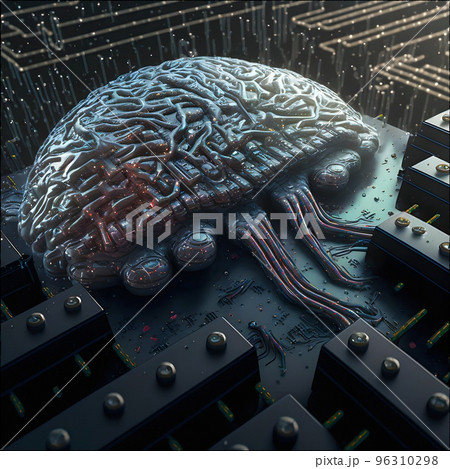 The motherboard of an advanced computer with a processor in the shape of a human brain. A machine learning machine using an artificial intelligence algorithm. SCFI concept. Future technology. The motherboard of an advanced computer with a processor in the shape of a human brain. A machine learning machine using an artificial intelligence algorithm. SCFI concept. Future technology. 96310298
