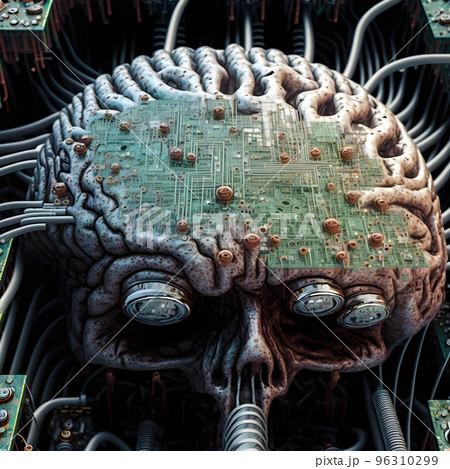 The motherboard of an advanced computer with a processor in the shape of a human brain. A machine learning machine using an artificial intelligence algorithm. SCFI concept. Future technology. The motherboard of an advanced computer with a processor in the shape of a human brain. A machine learning machine using an artificial intelligence algorithm. SCFI concept. Future technology. 96310299