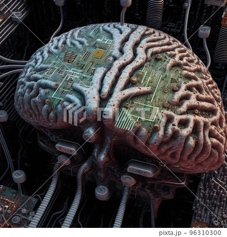 The motherboard of an advanced computer with a processor in the shape of a human brain. A machine learning machine using an artificial intelligence algorithm. SCFI concept. Future technology. 96310300
