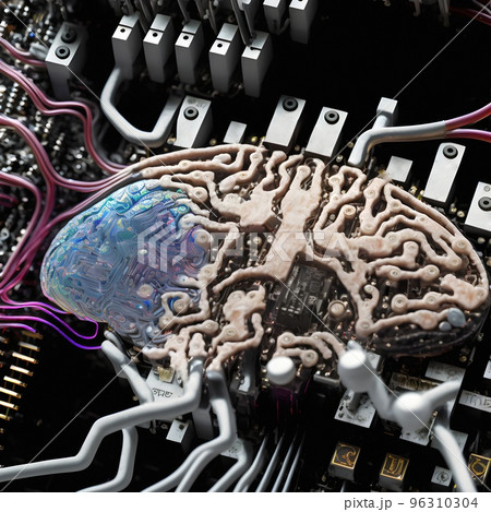 The motherboard of an advanced computer with a processor in the shape of a human brain. A machine learning machine using an artificial intelligence algorithm. SCFI concept. Future technology. The motherboard of an advanced computer with a processor in the shape of a human brain. A machine learning machine using an artificial intelligence algorithm. SCFI concept. Future technology. 96310304