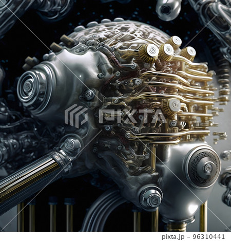 A prototype of the first Artificial Humanoid android brain. Advanced central processing unit. The core of artificial intelligence. 3D illustration of the cybernetic brain. 96310441