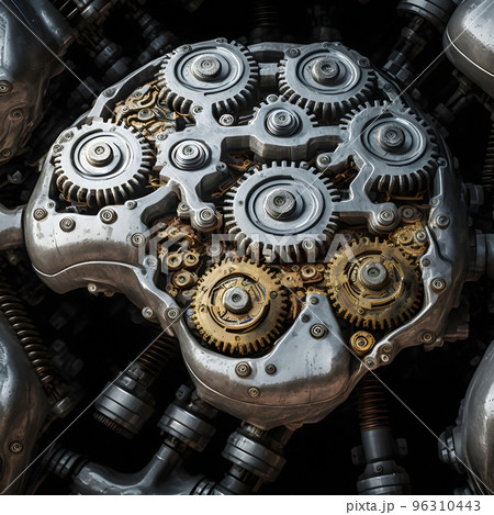 Prototype of the first titanium artificial heart. Advanced central unit that drives the hydraulic system. The core of a humanoid android. 3D illustration of the cybernetic heart. 96310443