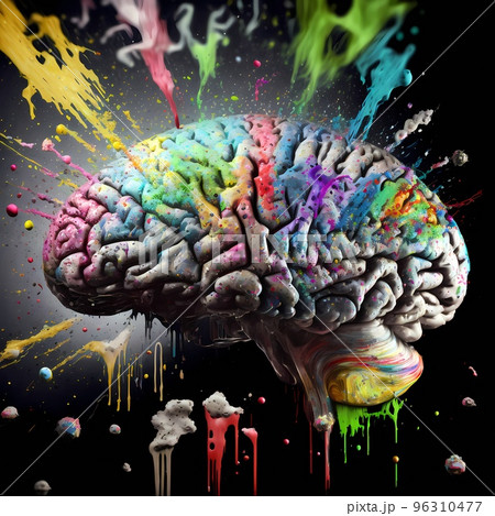 Conceptual illustration showing the human brain of multiple genders, more than two. Identifying as a non-binary, transsexual or LGBTQUARTO person. Rainbow explosion  96310477