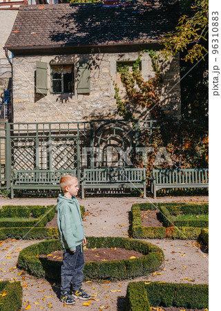Little boy is Standing in front of House with nice garden in autumn season. Flowers in the City Park of Bietigheim-Bissingen, Baden-Wuerttemberg, Germany, Europe. Autumn Park and house, nobody, bush 96310883
