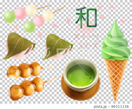 Tea and Mitarashi dumplings-Illustration set of Japanese-style sweets-Hand-drawn materials 96311136