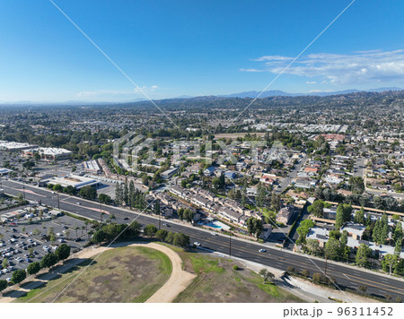 Aerial view of La Habra, city in the northwestern corner of Orange County, California, United States. 96311452