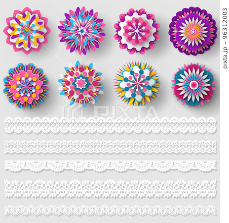 Set of different lace ribbons and colorful ornament samples. Seamless pattern for creating style 96312003