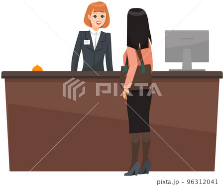 Young woman receptionist stands at reception desk. Girl booking, checking into hotel room Young woman receptionist stands at reception desk. Girl booking, checking into hotel room 96312041