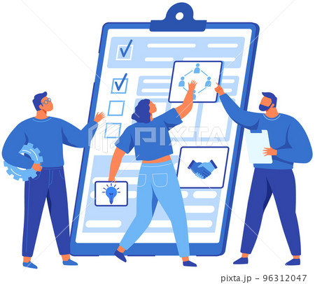 People looking at checklist with survey, customer data. Employees working with task done paper sheet 96312047