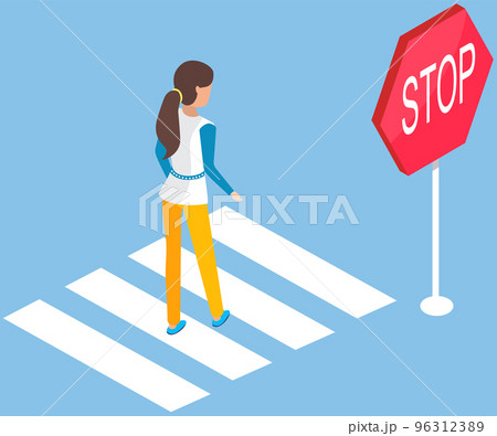 Woman crossing road near stop sign. Pedestrian walks along crosswalk. Lady going through carriageway 96312389