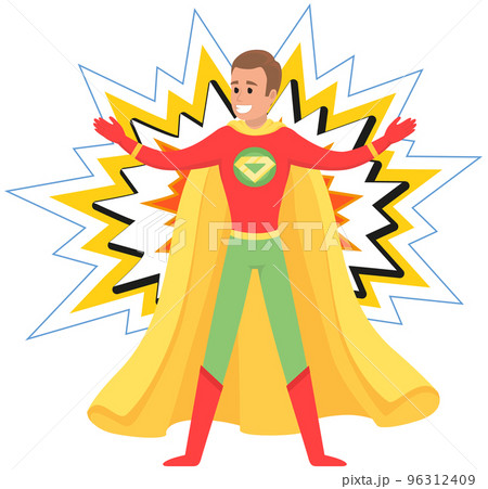 Male character wearing supermale cape, carnival costume for holidays or celebration. Super hero 96312409