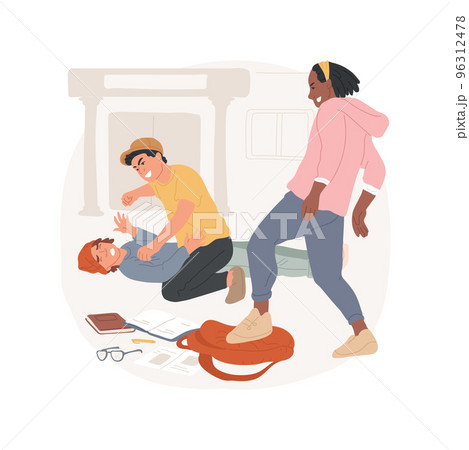 Physical bullying isolated cartoon vector illustration. Kids fighting at school, boys dominate weaker student, physical attack, destroying childs property, bullying problem vector cartoon. 96312478