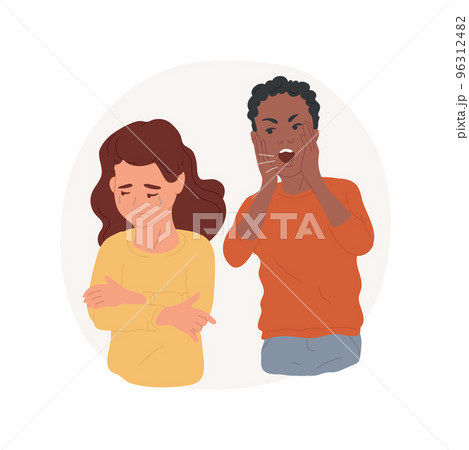 Verbal bullying isolated cartoon vector illustration. Student shouting in the back of another, verbal assault, crying child, shaming at school, bullying problem, embarrassment vector cartoon. 96312482