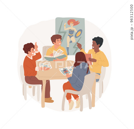 Comic book club isolated cartoon vector illustration. Group of teenagers sitting at table reading, discuss comic book, club member, middle school hobby, meeting in library vector cartoon. 96312500