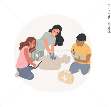 Basic first-aid skills isolated cartoon vector illustration. Medical education, learn basic emergency help, practice doll patient cpr, high school curriculum, training course vector cartoon. 96312524