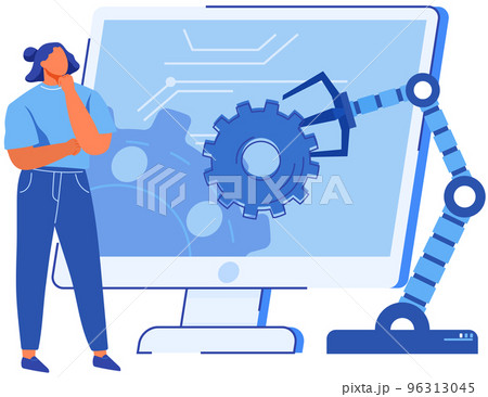 Woman working with startup development. Robotic arm near computer screen with settings option 96313045