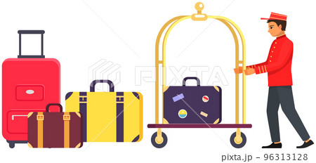 Young man working as bellboy surrounded by hotel symbols. Doorman, receptionist, porter in uniform 96313128