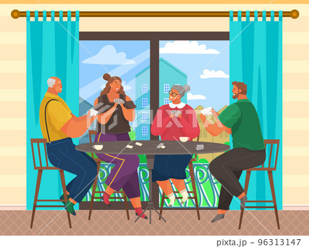 Friends having rest with board games at home. Cartoon characters have great time together Friends having rest with board games at home. Cartoon characters have great time together 96313147