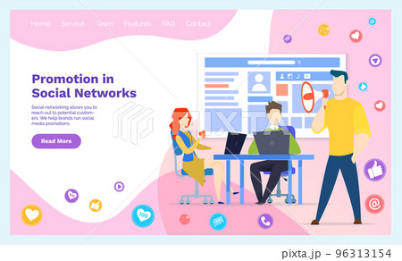 Employees working with media marketing, advertising. Promotion in social networks concept Employees working with media marketing, advertising. Promotion in social networks concept 96313154