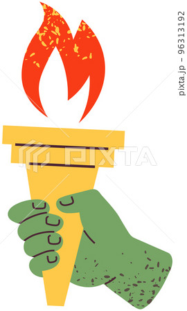 Fire in human hands as sign of Olympic Games. Torch with flame for grand opening of competition 96313192