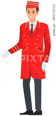 Man working as bellboy. Hotel employee in work clothes. Doorkeeper, doorman, porter in red uniform 96313213
