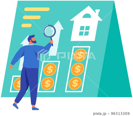 Man holding magnifying glass tool to zoom data. Businessman examining real estate investment plan 96313309