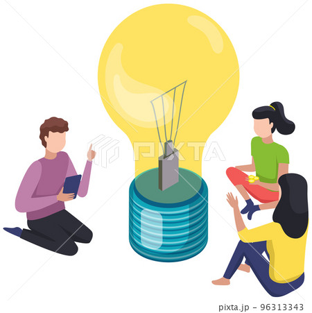 People sitting near burning light bulb. Teamwork, group businessmen create new ideas for start-up 96313343