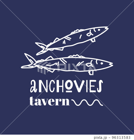 Logo template with anchovies for fish restaurant or tavern on blue background 96313583