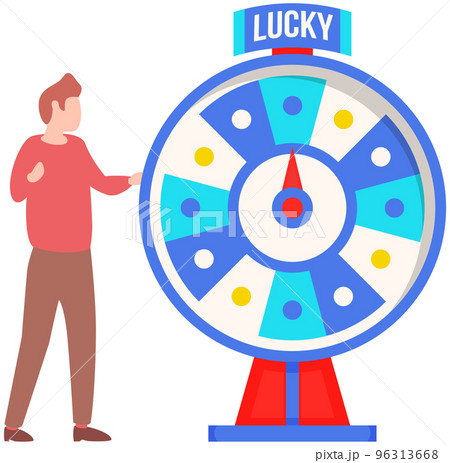 Game fortune wheel concept. Man playing risk game with fortune wheel and lottery isolated on white 96313668