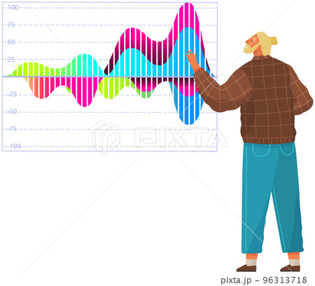 Man studies statistics on presentation. Male character while working or studying with report 96313718