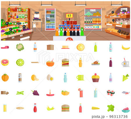 Supermarket interior, grocery shop and different types of food, dishes. Various departments of store Supermarket interior, grocery shop and different types of food, dishes. Various departments of store 96313736