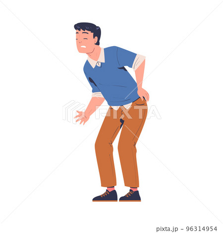 Young man suffering from back pain. Man feeling pain in body caused by illness or injury cartoon vector illustration Young man suffering from back pain. Man feeling pain in body caused by illness or injury cartoon vector illustration 96314954