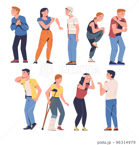 People suffering from pain, headache, backache set. Men and women feeling pain in body caused by illness or injury cartoon vector illustration People suffering from pain, headache, backache set. Men and women feeling pain in body caused by illness or injury cartoon vector illustration 96314979