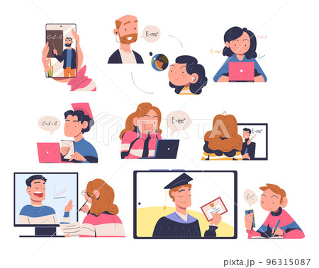 Online Education and E-learning with People Characters Having Lesson on Web Platform Vector Set Online Education and E-learning with People Characters Having Lesson on Web Platform Vector Set 96315087