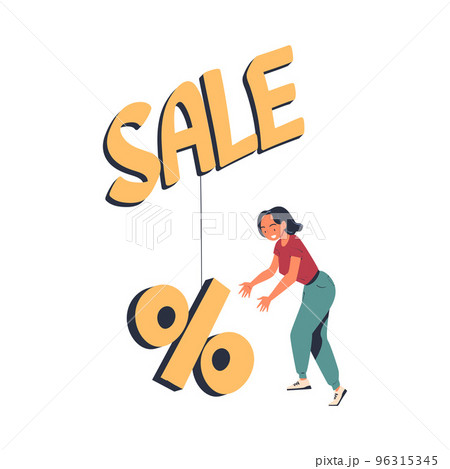 Woman Character Chasing After Discount Percentage Sign on Hook Vector Illustration 96315345