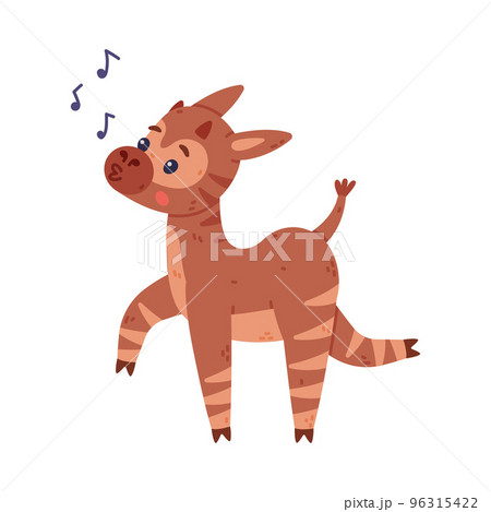 Cute baby okapi singing song. Funny wild African animal character cartoon vector illustration 96315422