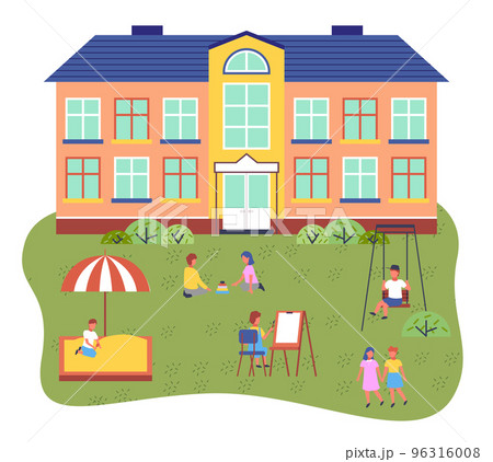 Children playing playground in front of kindergarten building. Concept of summer kids school camp 96316008