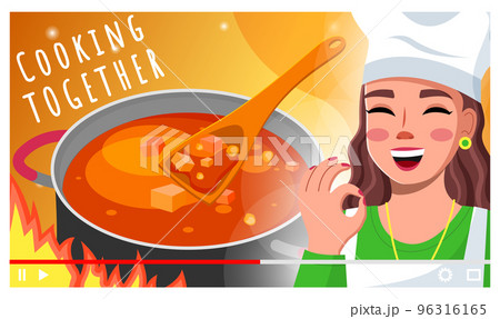 Woman chef making video about cooking for subscribers. Blogger, streamer, live stream. Flat image 96316165