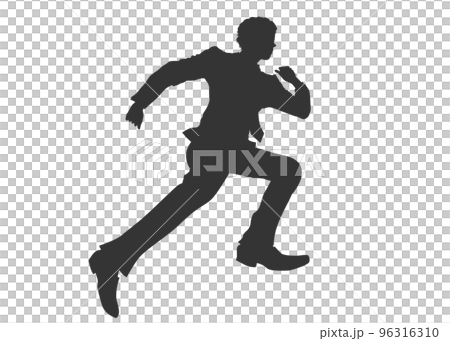 高くジャンプしながら走る若い男性のシルエットのイラスト 96316310