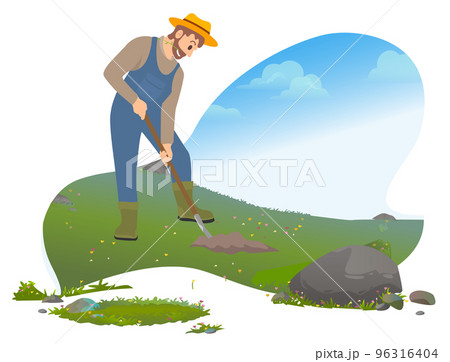 Man with shovel digging a hole illustration. Man digs a hole in the ground for planting trees 96316404