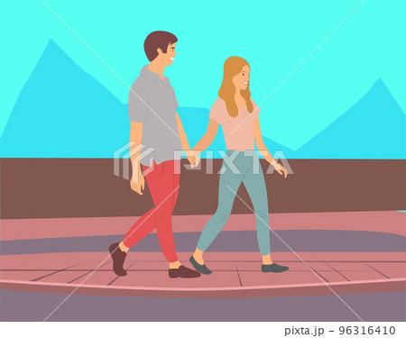Couple walking in a park. Young guy and girl holding hands walking in summer alley, romantic walk 96316410