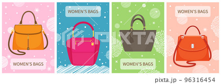 Set of women bag vector poster on multicolored backgrounds, stylish handbag, female accessories 96316454