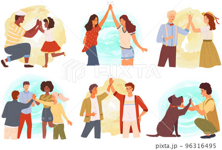 Team, colleagues during greeting. People giving five to each other standing with hands together Team, colleagues during greeting. People giving five to each other standing with hands together 96316495