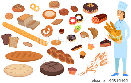 Female bakehouse worker stands with basket of bread next to various pastries, desserts, cakes 96316496