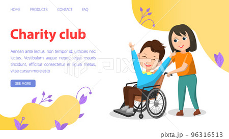 Modern passionate disability people support in wheel chair landing page template children volunteers 96316513
