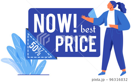 Hot best price on products of premium quality. Woman offering, advertising sale, discount in store 96316832