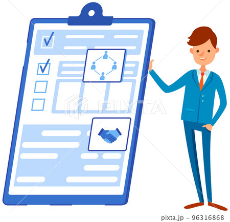 Businessman presents checklist with results of social surveys, customer data, task done list 96316868