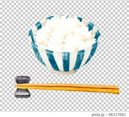 お茶碗に盛った白米と箸　和食の手描き水彩イラスト素材 96317081