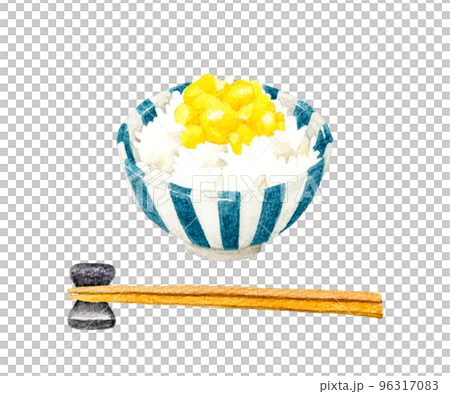 米飯淋上煎蛋和筷子日本手繪水彩插畫素材 96317083