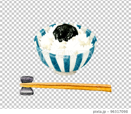 海苔の佃煮をのせたご飯と箸　和食の手描き水彩イラスト素材 96317098